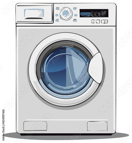 Modern front loading washing machine with a glass door and digital display for laundry.