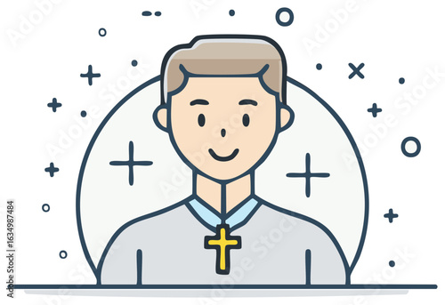 Cartoon Illustration of a Priest with Cross and Graphic Accents Religious Figure