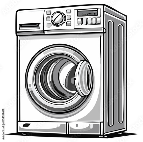 Washing machine illustration with open door and detailed design.