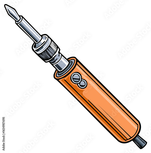 Close up of an orange electric soldering iron with a silver tip and two screws