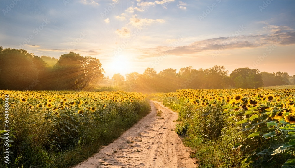 Obraz premium serene sunrise stroll tranquil dirt path amid sunflower field with cascading sunlight beams