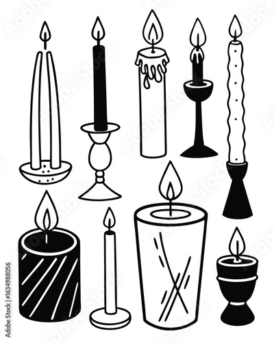 Set of 9 black and white candle illustrations