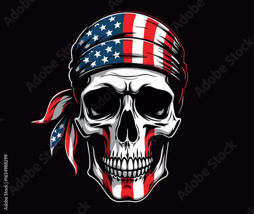 Biker vector t-shirt design with human skull
with usa flag bandana on black background.
Fashionable american print for fabric, paper, men clothing, hoodie, jacket. T shirt template.
