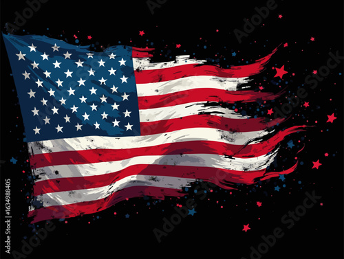 Vector design with decorative drawing of 
torn national flag of usa is fluttering in wind. 
Fashion t-shirt print. American pattern of stars 
and wavy stripes for textiles, fabric, clothing.