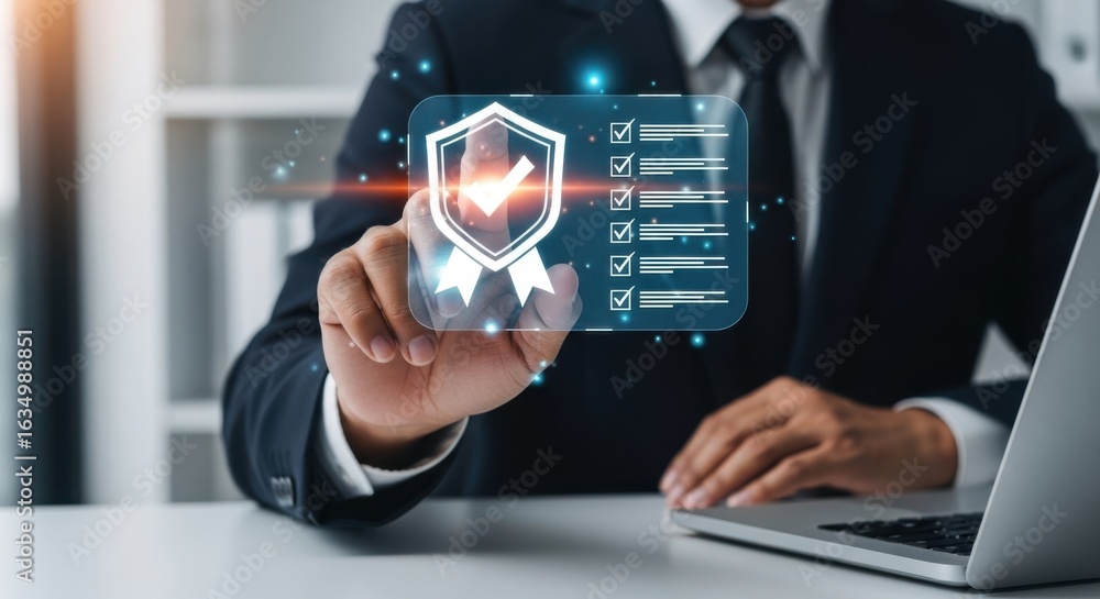 © sujon1638 - Professional businessman interacting with a futuristic holographic shield interface displaying security metrics and data points on a digital screen © sujon1638 - Professional businessman interacting with a futuristic holographic shield interface displaying security metrics and data points on a digital screen