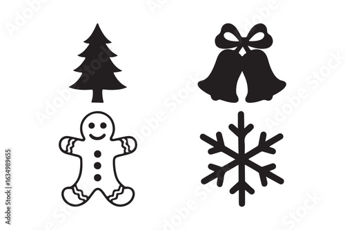 Four classic christmas icons tree bells gingerbread man snowflake