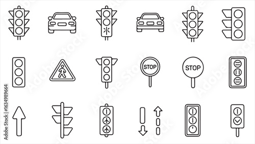Traffic Signal and Road Safety Icons Featuring Traffic Lights, Pedestrian Signs, and Car Symbols