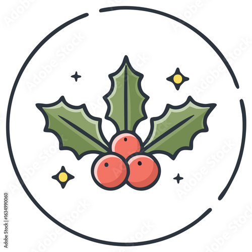 Seasonal Holly Berries and Leaves Illustration in a Festive Circle
