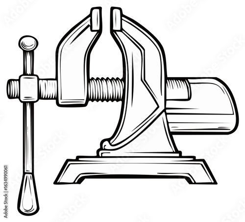Detailed black and white line art illustration of a metal bench vise workshop clamping tool