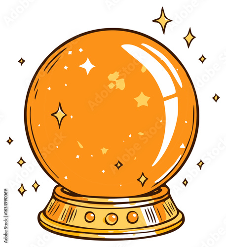 Mystical orange crystal ball with glowing stars and sparkles