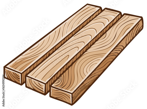 Illustration of three parallel light brown wooden planks with visible grain patterns and dark edges on a white background.