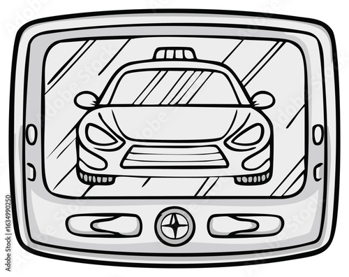 Cartoon Illustration of Taxi Car on Digital Tablet Screen for Ride-Sharing App or GPS Navigation