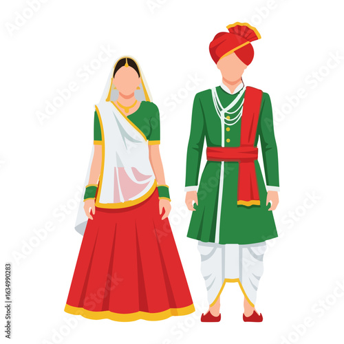 Rajasthani Ghagra Odhani Angrakha Couple Vector - Traditional Folk Cultural Logo Design