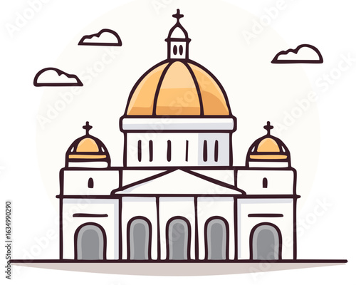 Vector illustration of a church or cathedral with a golden dome, simple design