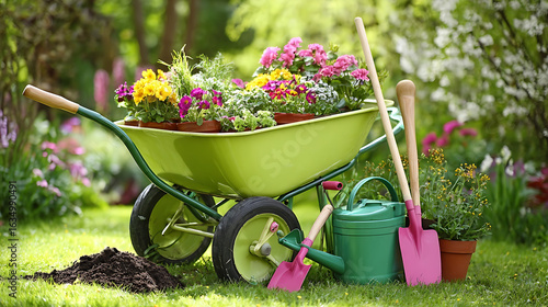 Vibrant garden cart filled with colorful blooming plants and essential gardening tools wheelbarrow