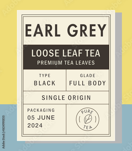 Classic tea packaging label with antique frame, tea leaf engraving, and subtle texture. Retro style sticker for organic or loose leaf tea products.