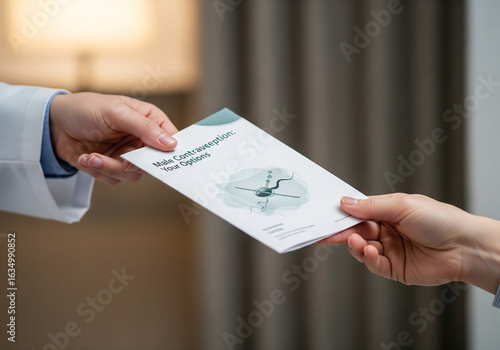 close-up of a doctor handing a patient a male birth control info leaflet
