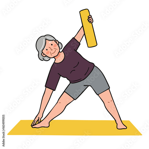 Vector illustration of older woman active with fitness mat on white background