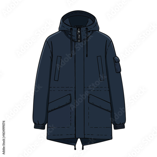 Vector illustration of parka coat winter style on white background, cold weather apparel