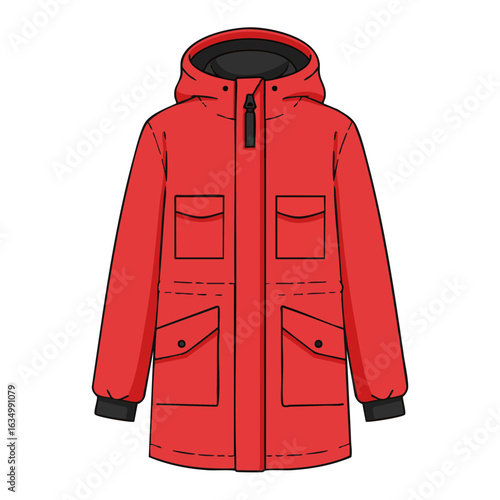Vector illustration of parka coat winter style on white background, cold weather apparel