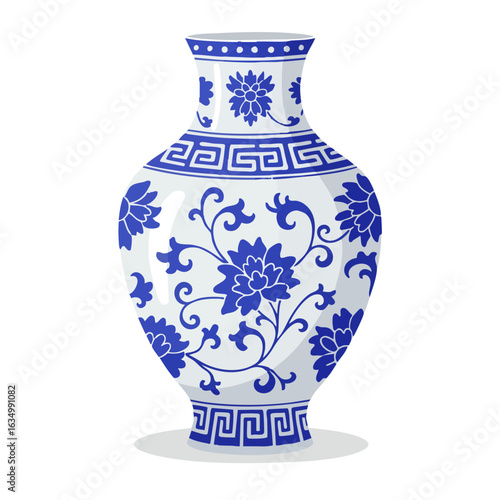 Vector illustration of porcelain vase with blue print elegant style on white background 