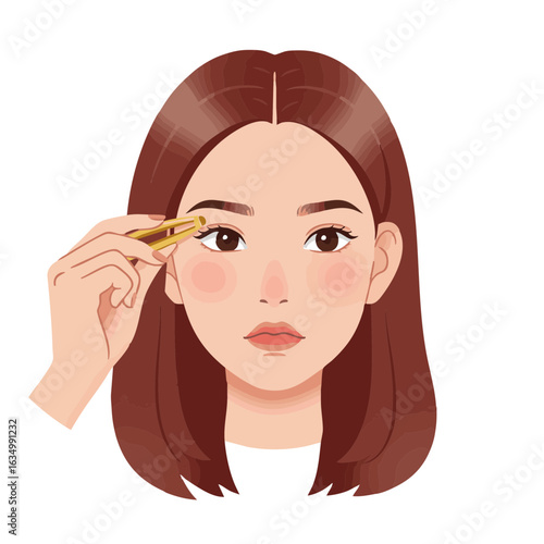 Vector illustration of woman grooming plucking eyebrows on white background