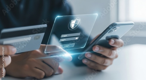 Secure digital transactions using a smartphone and credit card with futuristic holographic interface displaying login credentials