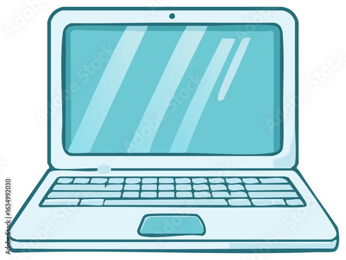 Cartoon laptop illustration with a keyboard, screen, and touchpad with a teal color scheme