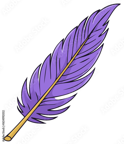 Vibrant purple feather with a golden quill cartoon illustration capturing elegance and lightness