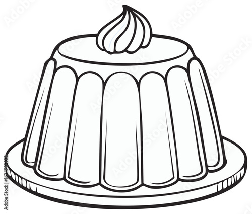 Molded jelly pudding with whipped cream topping line art illustration