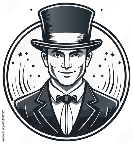 Smiling man wearing a classic top hat and formal suit with a bow tie in a round decorative frame