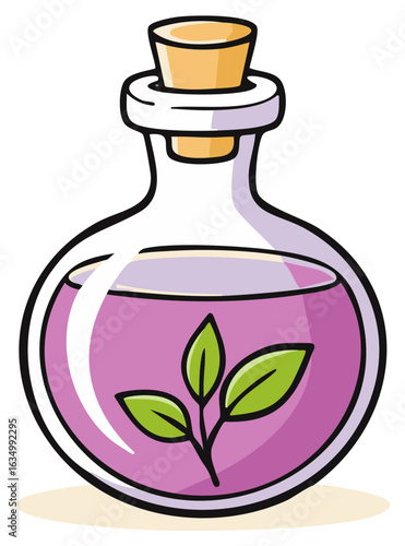 Charming cartoon magic potion bottle with purple liquid and natural green leaves inside