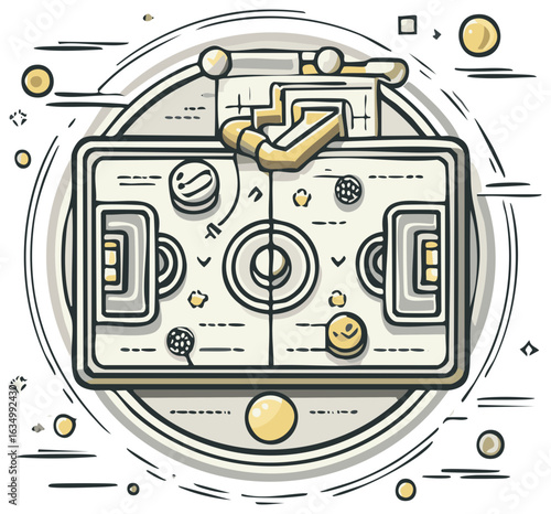 Stylized tabletop soccer game illustration, foosball table with handles and playful design elements, hand drawn