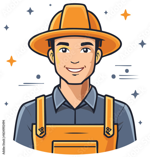 Friendly male professional worker in orange hard hat and overalls, a smiling character illustration