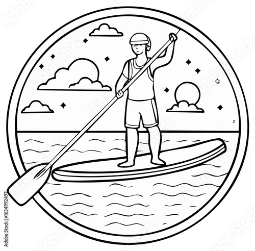Person paddleboarding on water with sun and clouds in circular emblem
