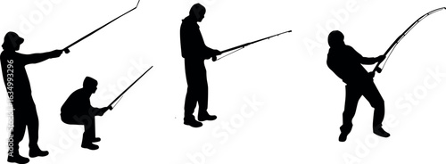 Silhouette of three people fishing, various poses with rods, outdoor hobby activity, black and white vector illustration, isolated design asset