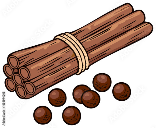 Cartoon illustration of cinnamon sticks and peppercorns