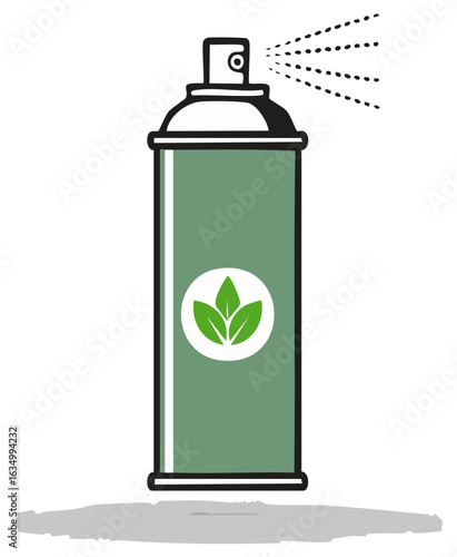 Green spray can with leaves symbol spraying mist representing eco friendly product or natural pesticide