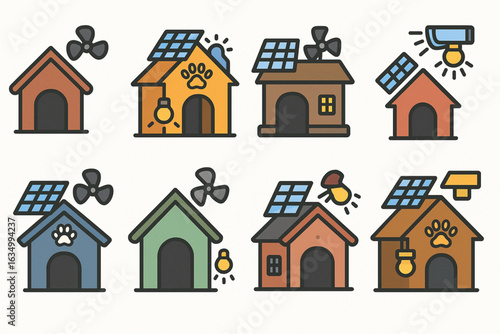 Flat Icons of Pet Houses and Shelters with Solar Fans and Lighting