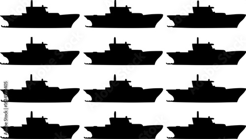 "Design a minimalist illustration of nine cargo ships in solid black silhouette. Show each ship from a unique angle and distribute them evenly in a symmetrical layout over a white background. Use simp
