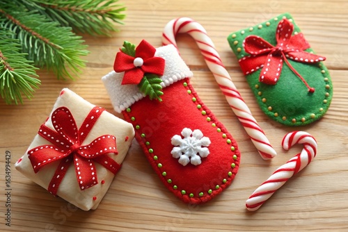 Handmade felt Christmas ornaments and holiday treats on a wooden table.