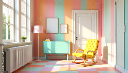 Room with pastel stripes and framed art on wall interior