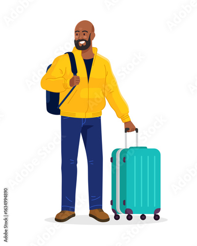 Smiling African American Traveler with Luggage and Backpack - Colorful Vector Illustration on Transparent Background