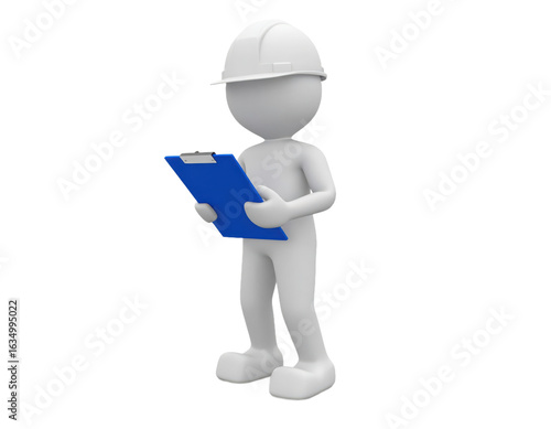 3d character wearing hard hat reads blue clipboard on isolated white background