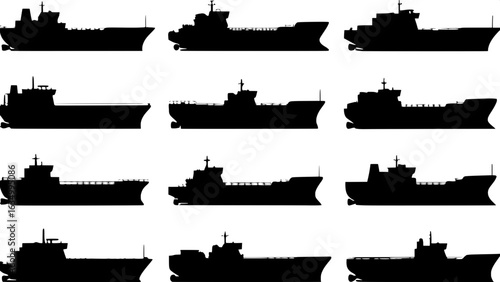 "Create a graphic black-and-white illustration featuring nine distinct silhouette container ships. Each ship should be shown from a different angle—profile, three-quarter, or top-down—with even spacin