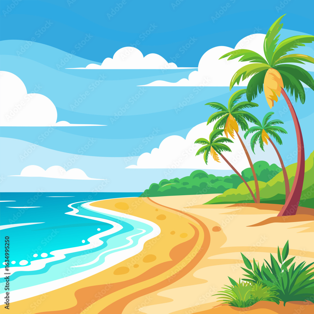 Fototapeta premium Editable summer beach scene vector, clear sky, sand texture, and sea waves with bright white backdrop.