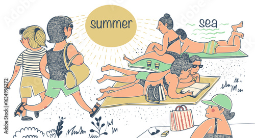 People sunbathing on the beach in cartoon style. Vector illustration.