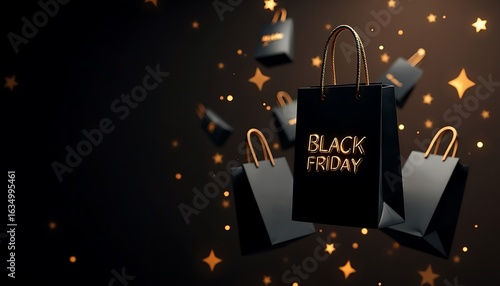 Black Friday — black gift bags and gold decor, stylish sale and shiny background