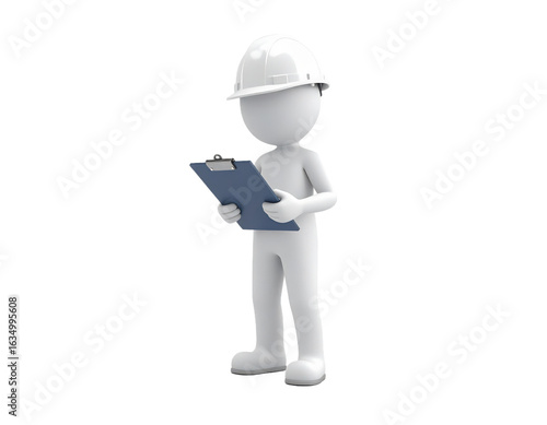 3d human engineer holding blue clipboard in studio environment