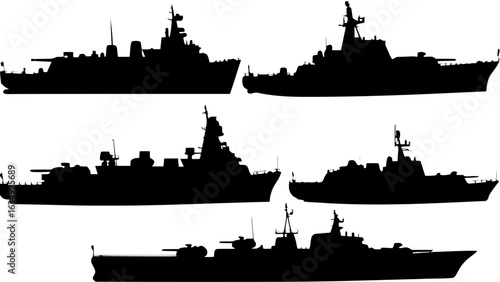 "Warship silhouettes in a pure minimalist style, no gradients or textures, just clean black forms representing different classes of navy vessels on a bright white canvas, arranged for maximum visual c